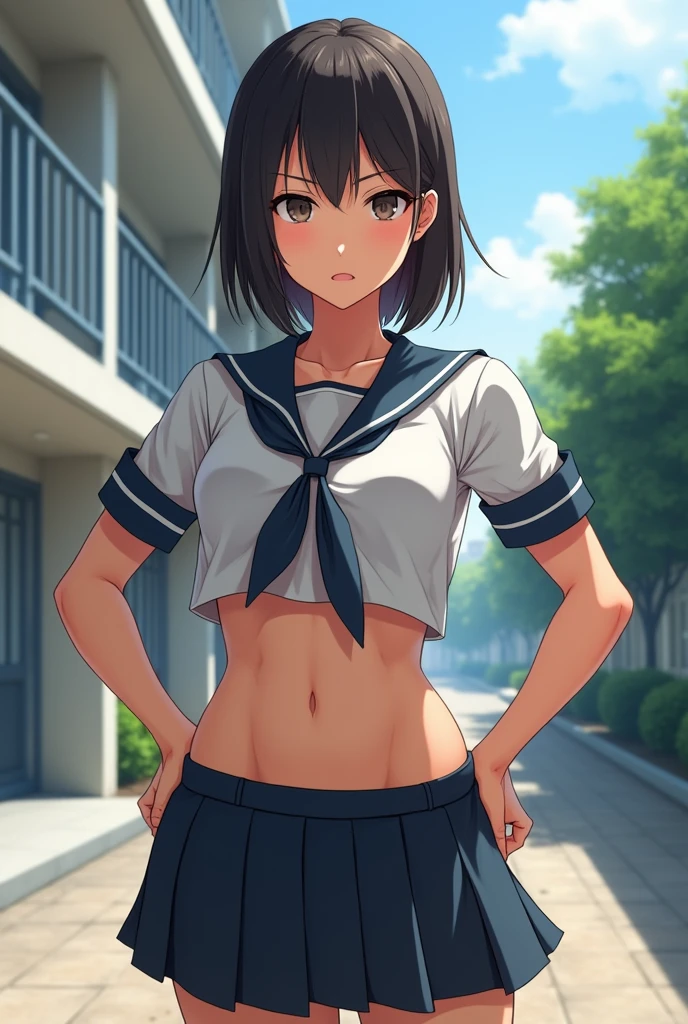(2 girls, Same height :1.2) , high school girl,、Japanese Girls , (smile:0.7), Walking next to each other , (School Playground), Sexy Uniform,Sweaty body、Wet Hair、think, Underarm, Big Breasts,Realistic nipples, Realistic butt crack, にやにやのsmile, Very short hair , (High color saturation:1.0), (Very detailed肌), (Highest quality:1.0), (Ultra-high resolution:1.0) ,(Realistic:1.0), (Very detailed:1.0), (8k, RAW Photos:1.1)、((Shaved pubic hair))、Kazuyo Toyama