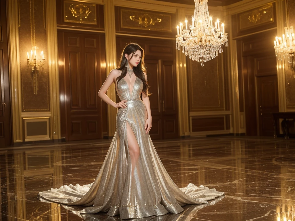 DSR-50 (Girls' Frontline), ((1girl)), (masterpiece, UHD, best quality, photo-realistic:1.3), graceful woman, (elegant flowing gown:1.4), shimmering silver fabric, (intricate beadwork:1.2), long dark hair styled in soft waves, standing confidently in a grand ballroom, high ceiling adorned with crystal chandeliers, (reflections on polished marble floor:1.3), opulent decor, warm golden lighting, guests in the background, (dramatic pose:1.1), vibrant atmosphere, looking towards the viewer, dynamic angle,