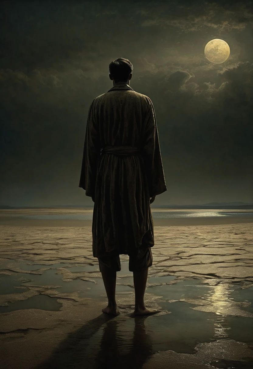 A man stands on the shore of a dry lake and cries. Now, instead of water, the entire surface was filled with sand dunes. A sad sight. He cries that all his life he dreamed of the sea, but the dream remained only a dream. styles of John Atkinson Grimshaw - with a disturbing and grotesque world. The muted color palette and dry brush technique create a sense of calm. creepypasta (dark monochrome background) masterpiece, fabulous background) (Minimalism: 1). perfect body anatomy.

