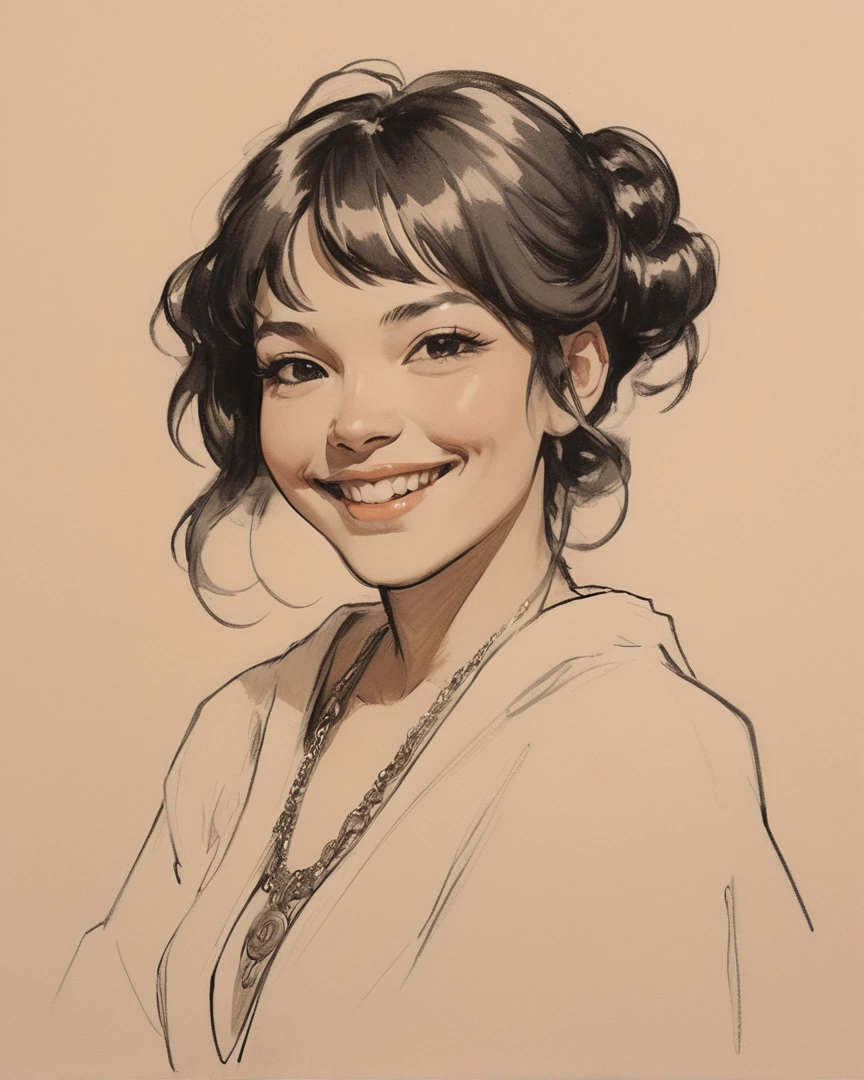Charcoal drawing of a happy woman, rapper, wearing Sunstone and Jacquard, a black and white drawing of,, on focus, designed by wlop, Ilya Kuvshinov, Greg Rutkowski e Alphonse Mucha,