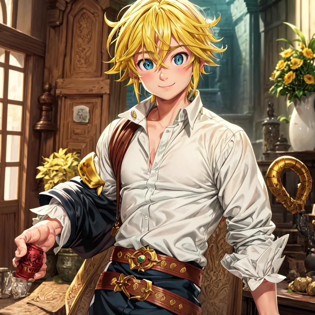 masterpiece, best quality, ultra-detailed, illustration, 1boy, solo, male focus, looking at viewer, upper body, , meliodas_nanatsu_no_taizai, blonde hair, blu eyes, jacketBlue eyes, Blonde Hair, without a shirtBlush, Smile, 