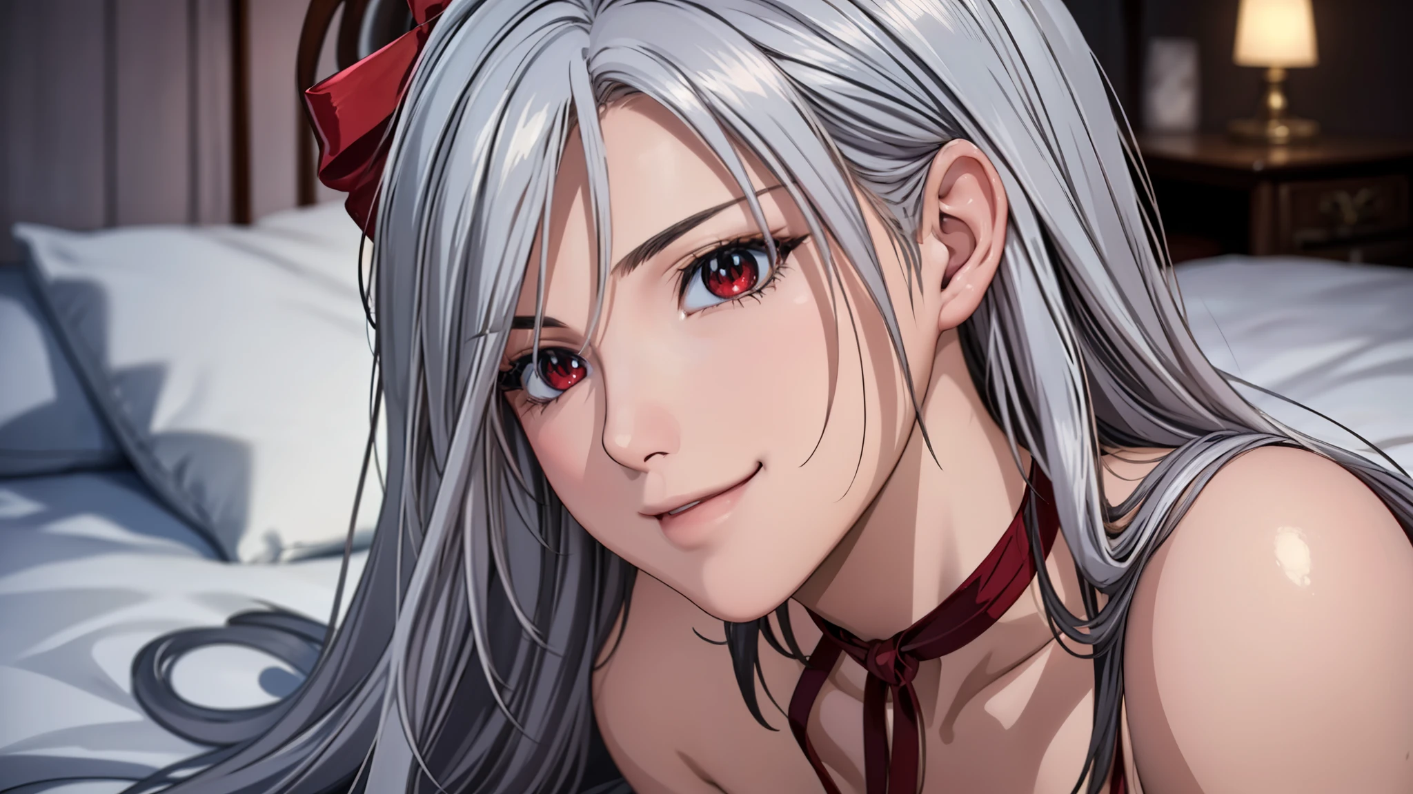 (masterpiece, best quality, beautiful and aesthetic:1.3), Elegant mature woman, 1woman, long hair, bright silver hair, (small breast:1.0), red ribbon, red eyes with slit pupils, sparkle in the eyes, looking at the viewer, small details, detailed face, mysterious night, Pure erotic face ace_V1, in the bedroom, on the bed, light smile,