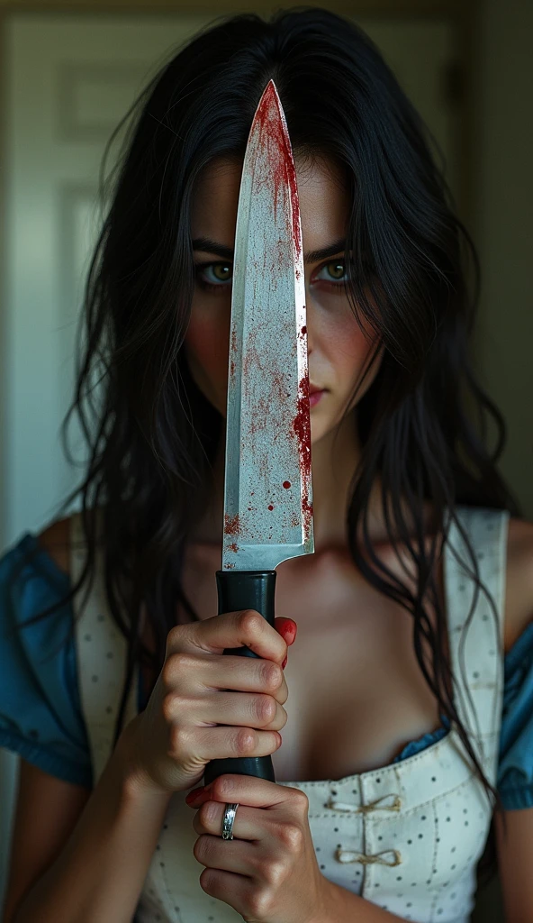 (Masterpiece. UHD. Photorealistic) In a dimly lit room. Blurry background. An ultra hot gorgeous woman. Age 23. Voluptuous hourglass body. Gorgeous face. Epic cleavage. (100 DD size).face staring blankly、A surly smile and full red lips. holding a knife tightly. Blade downwards. Covered by blood.