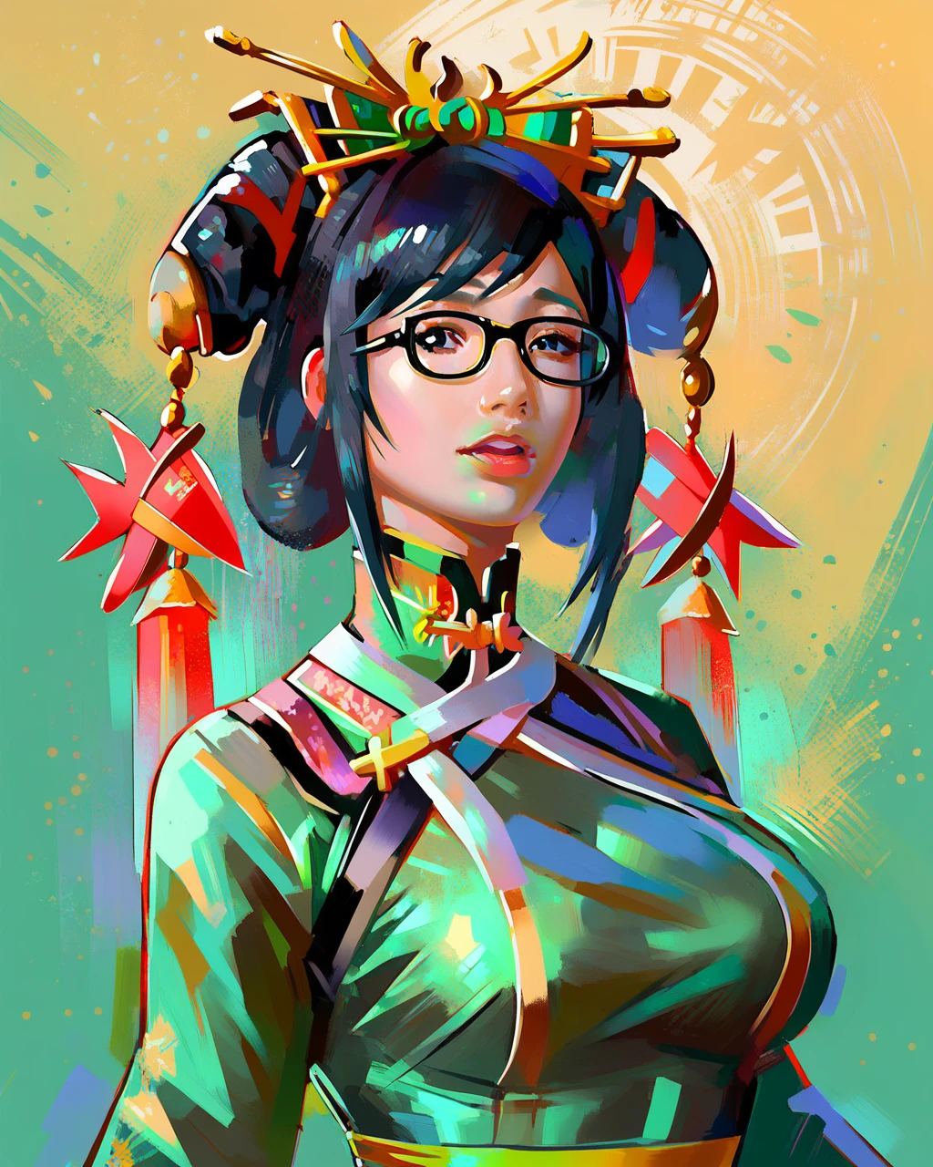 WuRuixiangSSXL, black glasses, black eyes, black hair, short hair, sidelocks, bangs, hair ornament, hair rings, hair stick, large breasts, chinese clothes, green dress, portrait
