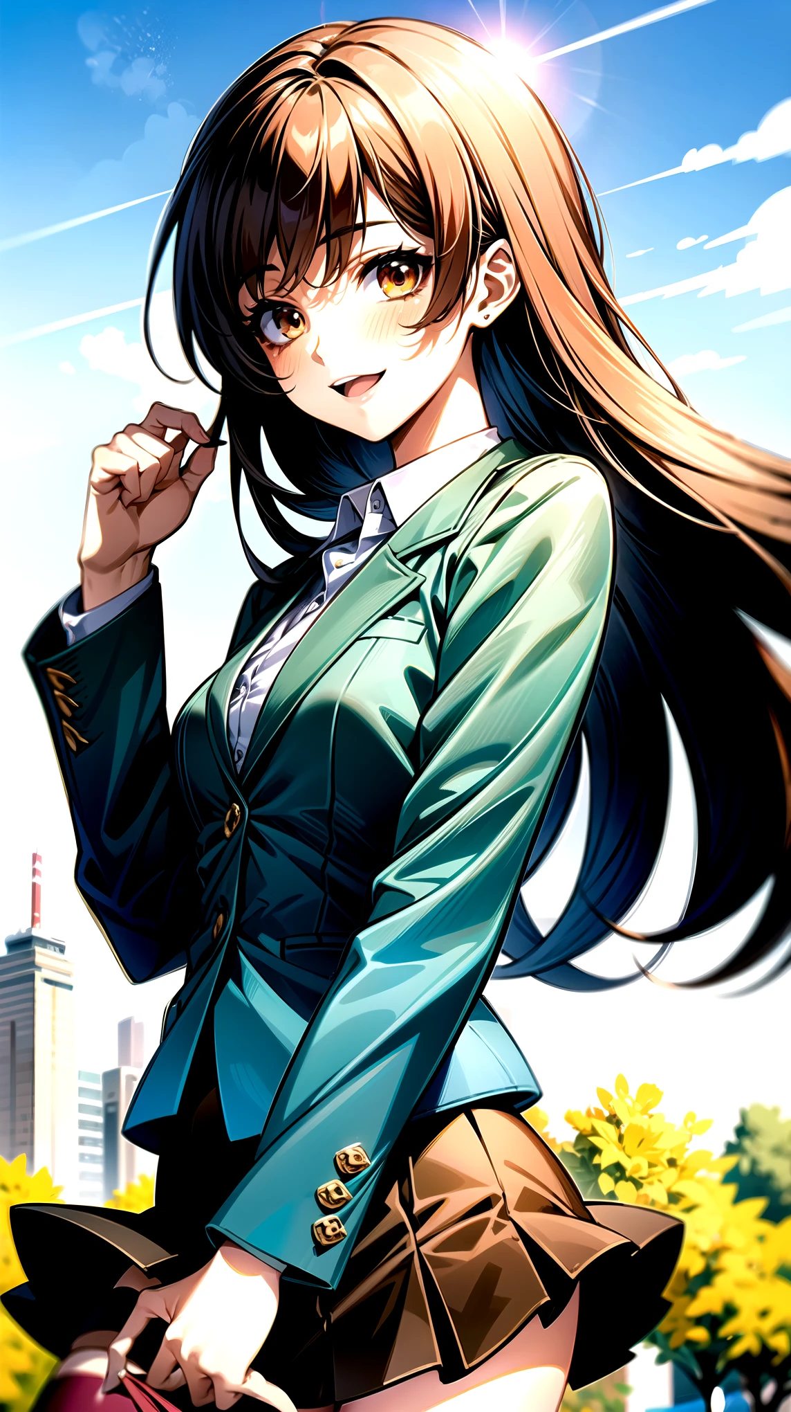 （（super high quality,））（（Ultra-high resolution,））（16K,）（super masterpiece,）（（Ultra HD ,））（Detailed shading,）One sexy high school girl,Chiye Moexiang,（（Dark pink long hair,））One long stray hair from the top of the head,Green blazer,（White dress shirt,）（（Even the third button is undone.,））Brown mini skirt,The wind lifts her skirt and hair,Ecstatic smile,blush,A park where you can see the morning sun and blue sky,