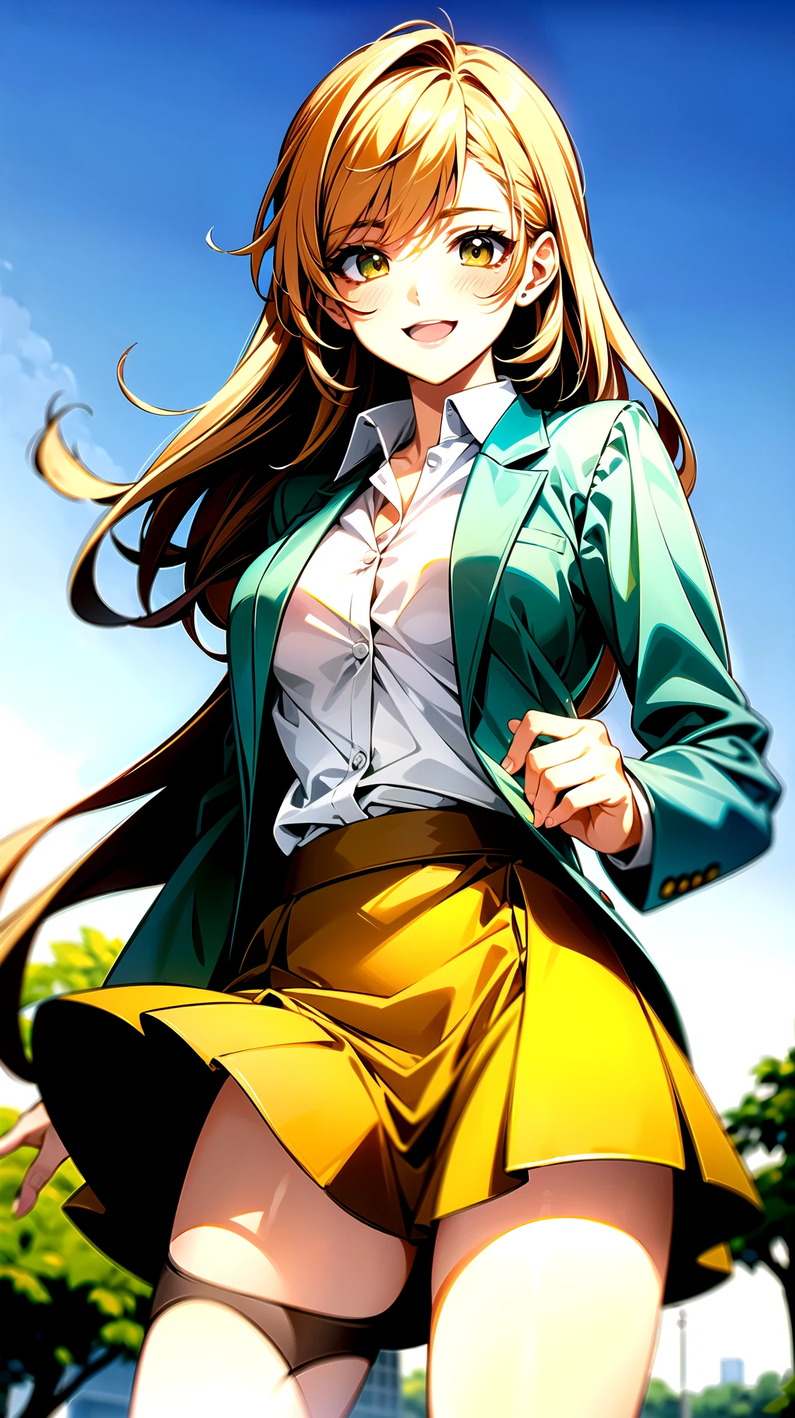 （（super high quality,））（（Ultra-high resolution,））（16K,）（super masterpiece,）（（Ultra HD ,））（Detailed shading,）One sexy high school girl,Chiye Moexiang,（（Dark pink long hair,））One long stray hair from the top of the head,Green blazer,（White dress shirt,）（（Even the third button is undone.,））Brown mini skirt,The wind lifts her skirt and hair,Ecstatic smile,blush,A park where you can see the morning sun and blue sky,