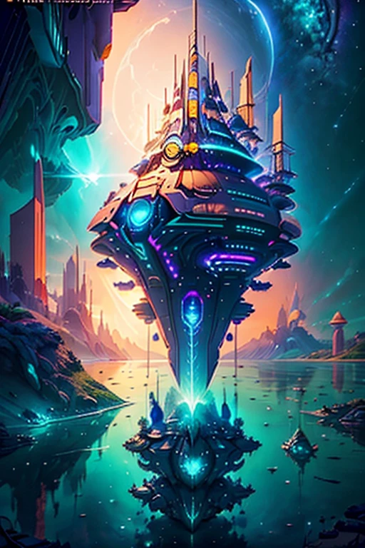 battle spaceship shaped like a ship hovering over a large lake, ultra detalhada, city in the distance, a nebula lighting up the sky, sci-fi