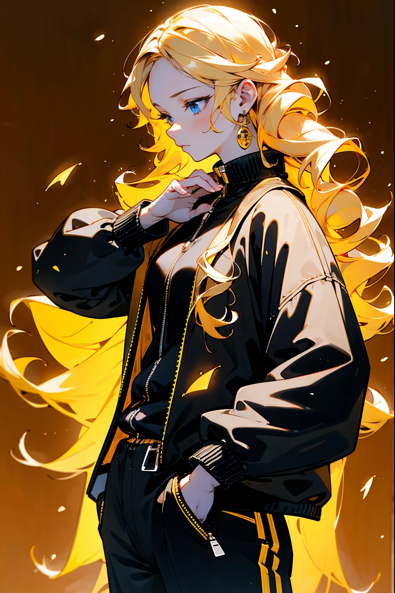 1female, woman, mature, blonde hair, curly long hair, blue eyes, calm expression, black and gold tracksuit, open jacket, white shirt, japanese background, falling leaves, autumn, detailed face, hands to side, hands behind, hands in pockets, hidden hands