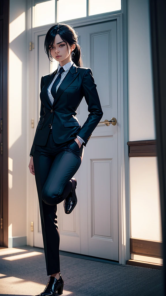 A confident woman in a tailored suit, standing with one leg slightly forward and hand on hip. Natural light illuminates her face as she gazes directly at the camera with a powerful expression."