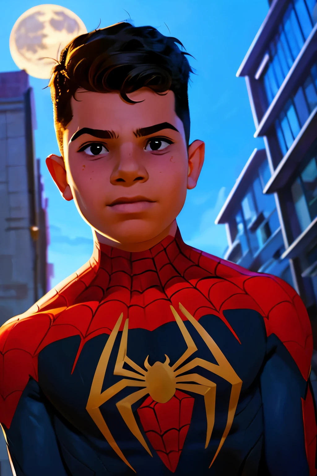 Close-up face, Thoe, (((a young boy, ***))), Marvel Comic Panel Drawing: A boy with black eyes, in Dynamic pose, short black hair , over The building under The moonlight, wearing a spider-man suit. Spider web Background . 