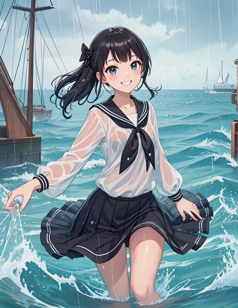 (8k, Highest quality, masterpiece: 1.2), Ultra-high resolution, 1 person, cute, Small breasts, Highly detailed face, White blouse, Gothic Clothing, black and white sailor suit, 大量のrain, rain, Ocean, swim, Water Play, soaked, Black underwear, ribbon, Clothes soaked in water, Long skirt, (Gothic Skirt), Water droplets all over the body, A childlike smile, The best smile, Date, Lots of water, Submersion, splash, 