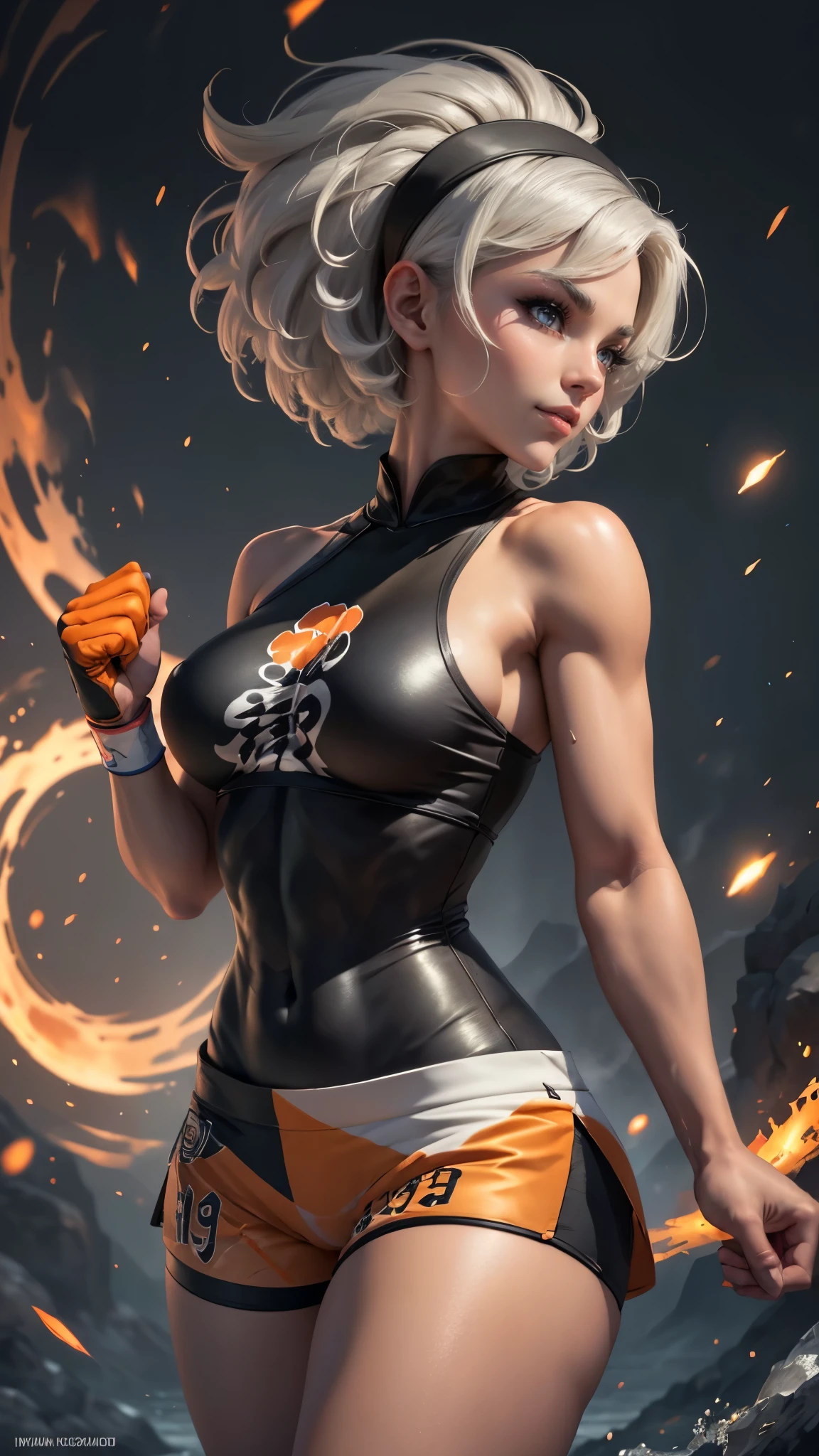 Bea da pokemon,(best qualityer,4K,8k,high resolution, work of art:1.2)(weather: windy), sport stadium background, short curly hair, gray hair, cropped shirt, micro shorts, thigh high stockings, headband, gloves, leotard, nipples, ultra detailed, realistic, beautiful detailed gray eyes, beautiful detailed lips, extremely detailed eye and face, long eyelashes, average, medium breasts, flying hair, beaming smile, powerful girl in a combat, kunf fu stance, wet body, bright coloured, dramatic lighting,