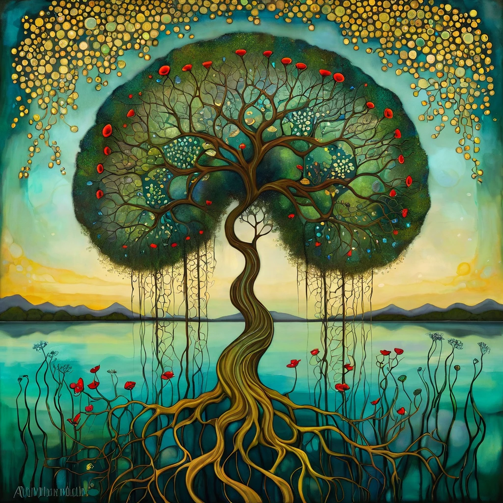 oil and acrylic painting In the Style of Andy Kehoe and Tracy Grimwood, Catrin Welz-Stein, Klimt.. yggdrasill tree, large roots like blown glass tubes sinking into the ground, stained glass branches rising high into the sky . Three-quarter view of a lake with mustard-colored, emerald waters. Blooming dandelion flowers, poppies, marsh flowers, orchid blossoms. Disc-shaped sun of polychrome gemstones. Warm colors, and cold colors skillfully blended.
