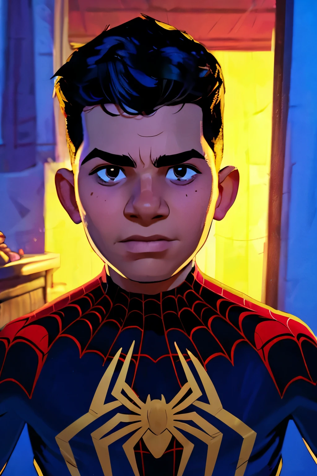 Close-up face, Thoe, (((a young boy, ***))), Marvel Comic Panel Drawing: A boy with black eyes, in Dynamic pose, short black hair , over The building under The moonlight, wearing a spider-man suit. Spider web Background . 