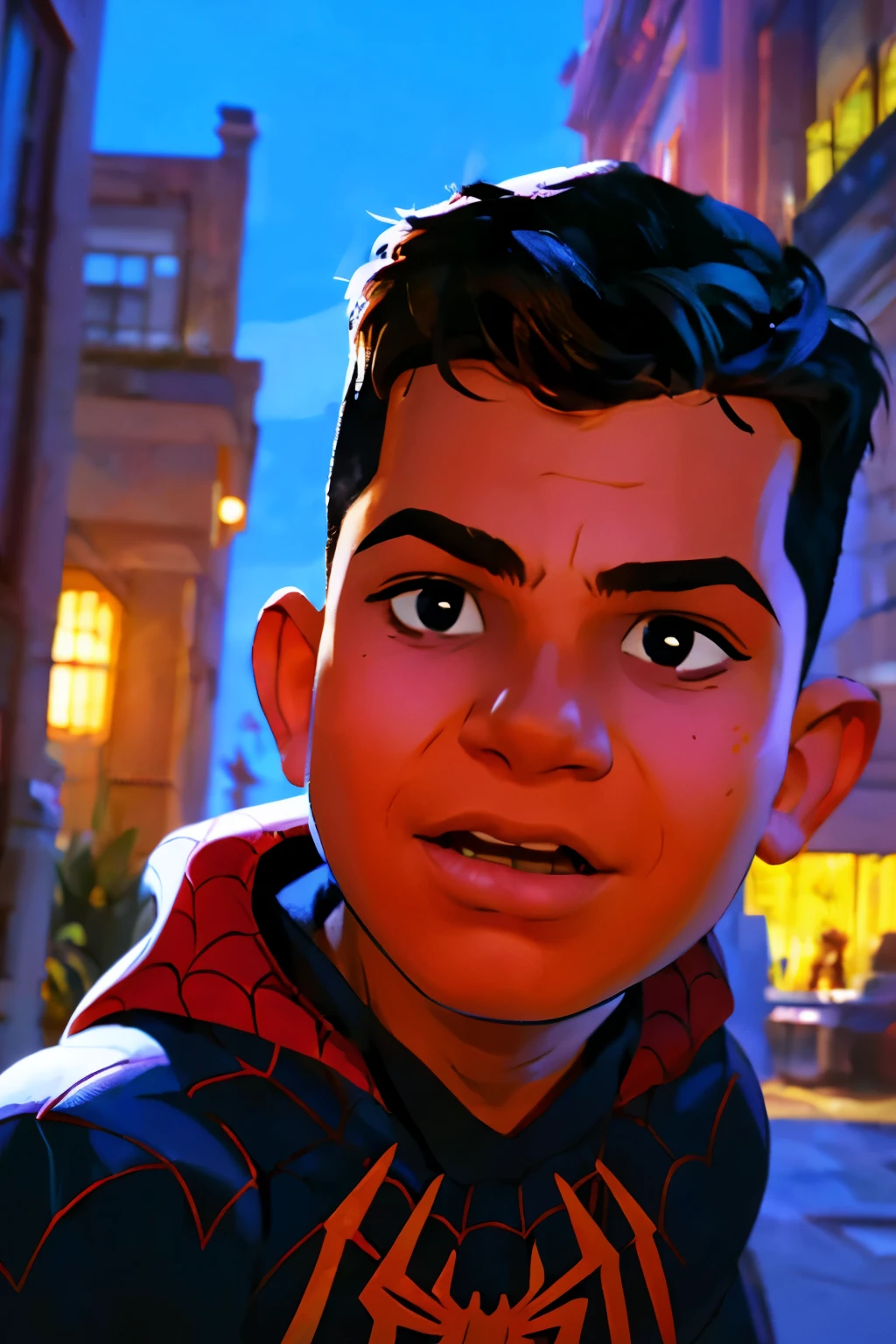 Close-up face, Thoe, (((a young boy, ***))), Marvel Comic Panel Drawing: A boy with black eyes, in Dynamic pose, short black hair , over The building under The moonlight, wearing a spider-man suit. Spider web Background . 