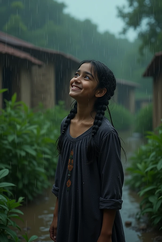 A indian girl standing in streets with an umbrella and she is smiling. She put her hands forward to touch the raindrops. She is enjoying life. Photo ratio 16 :9 . Realistic image