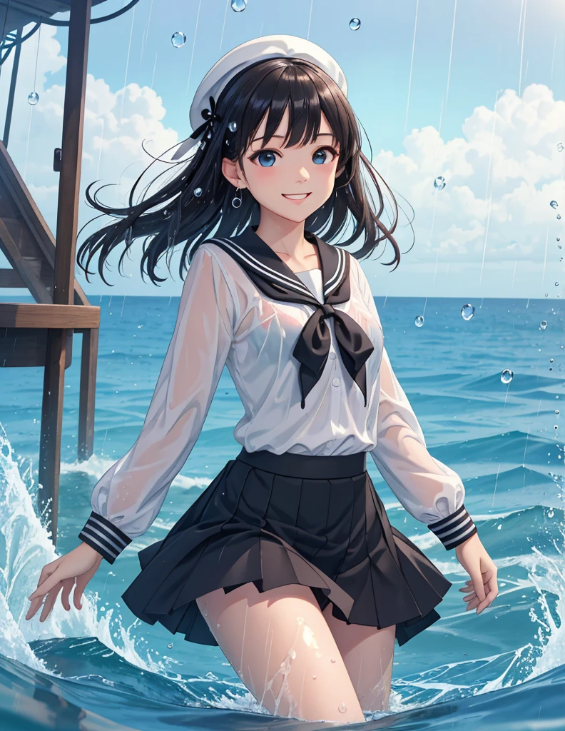 (8k, Highest quality, masterpiece: 1.2), Ultra-high resolution, 1 person, cute, Small breasts, Highly detailed face, White blouse, Gothic Clothing, black and white sailor suit, 大量のrain, rain, Ocean, swim, Water Play, soaked, Black underwear, ribbon, Clothes soaked in water, Long skirt, (Gothic Skirt), Water droplets all over the body, A childlike smile, The best smile, Date, Lots of water, Submersion, splash, 