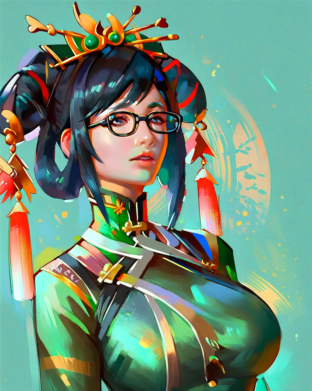 WuRuixiangSSXL, black glasses, black eyes, black hair, short hair, sidelocks, bangs, hair ornament, hair rings, hair stick, large breasts, chinese clothes, green dress, portrait
