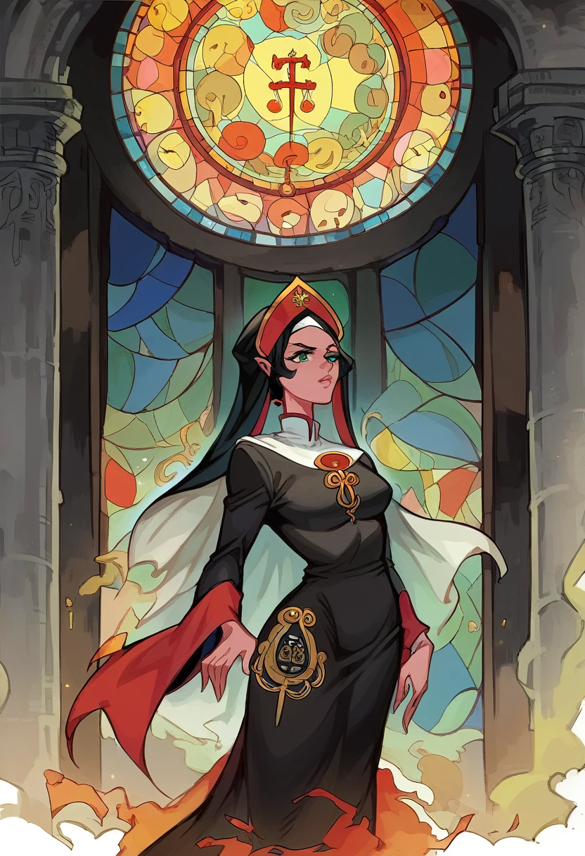 A mysterious Gothic priestess standing in the center of a grand, ancient cathedral, illuminated by flickering candlelight. She wears a long, flowing robe made of deep crimson and black fabric, with golden symbols embroidered along the hem. Her face is partially obscured by a black veil, but her piercing green eyes are visible, full of wisdom and power. In her hands, she holds an ancient, leather-bound tome, its pages glowing with a soft, ethereal light. The cathedral is adorned with dark, stained glass windows depicting scenes of both divine and infernal beings, and the air is thick with incense smoke.