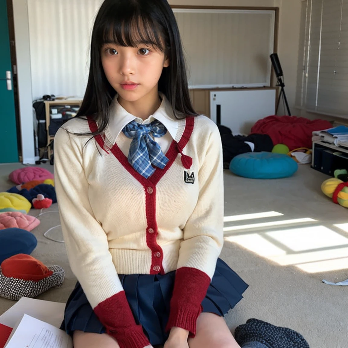 alone、(1:1.3)、Young face 、high **************、Natural body shape、White skin、no makeup、Black Hair、bangs、(medium hair)、(small breasts) 、Red Cardigan、、White blouse with collar、、Blue plaid pleated skirt、sitting、()、((The upper body is wearing a uniform))、(from above;1.4)(from front:1.3)(indoor:1.3)bed,low table,(faint light:1.3)(messy room:1.7)(close up face)