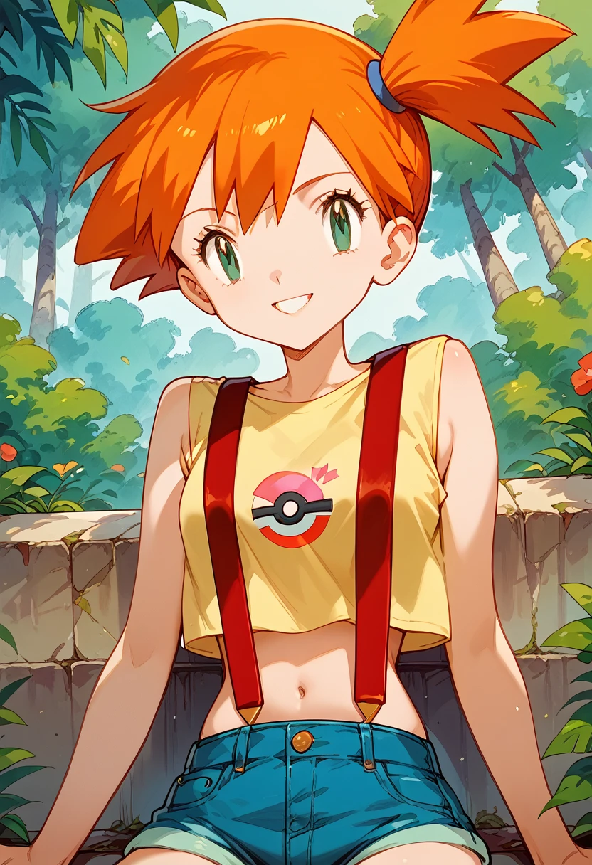 masterpiece,High resolution,Highest quality,8k
(Misty_Pokemon)
(1 female)
(short hair,Orange Hair,one side up hair,Big green eyes,Small breasts,Skinny)
(Yellow sleeveless T-shirt,Belly button exposed,Denim hot pants,Red suspenders)smile