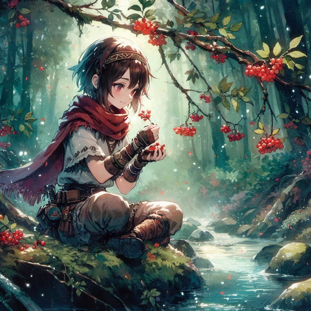 absurdres, best quality, fine detailed, 8k, 1girl, Brown hair, red eyes, warrior-style clothing, patterned bandana, headband, red scarf, smile, brown hands, white gothic fantasy shirt, beige pants, brown boots, small red fruit branch, deep forest, rocks, waterside, mountain stream