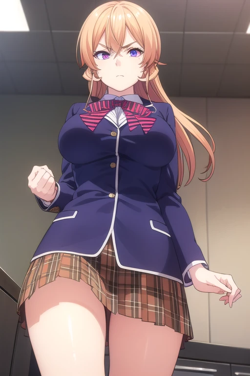 erinanakiri, Erina I confess, by the wide, long shiny hair,  by rubio, (purple eyes:1.1), hair between the eyes, frown, angry,
ROMPER skirt, thighs, bow, School uniform, jacket, pleated skirt, shoes, black thighs, The Great Passage, tartan, tartan skirt, jacket de sport,
big breasts, pink panties with lace, BREAK, looking at the viewer, (cowboy shot:1.5), BREAK (masterpiece:1.2), Best Quality, High resolution, unity wallpaper 8k, (illustration:0.8), (beautiful detailed eyes:1.6), extremely detailed face, perfect lighting, Extremely detailed CG, (perfect hands, perfect anatomy), jumping in a kitchen, view from below.