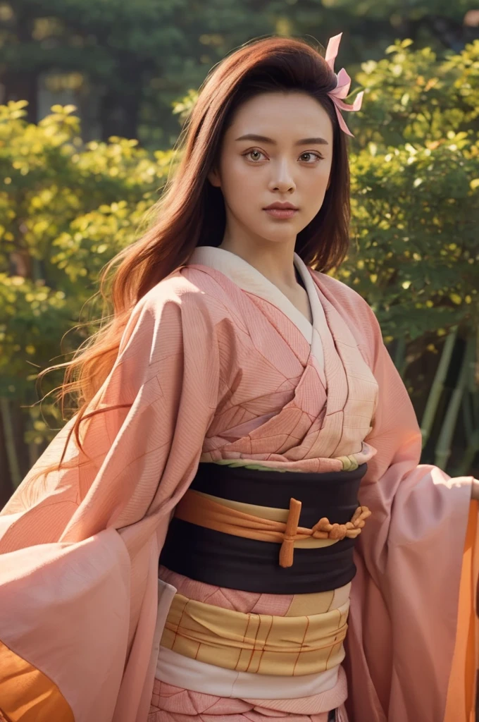 (((Masterpiece))), nezuko, 1girl, bamboo, bit gag, brown hair, ((grievance)) plaid belt, gag, gag, gradient hair, headband, haori, Japanese clothes, kimono, long Hair, looking at the viewer, multicolored hair, orange hair, pink eyes, pink kimono, pink ribbon, ribbon, solo, upper body,   nezuko