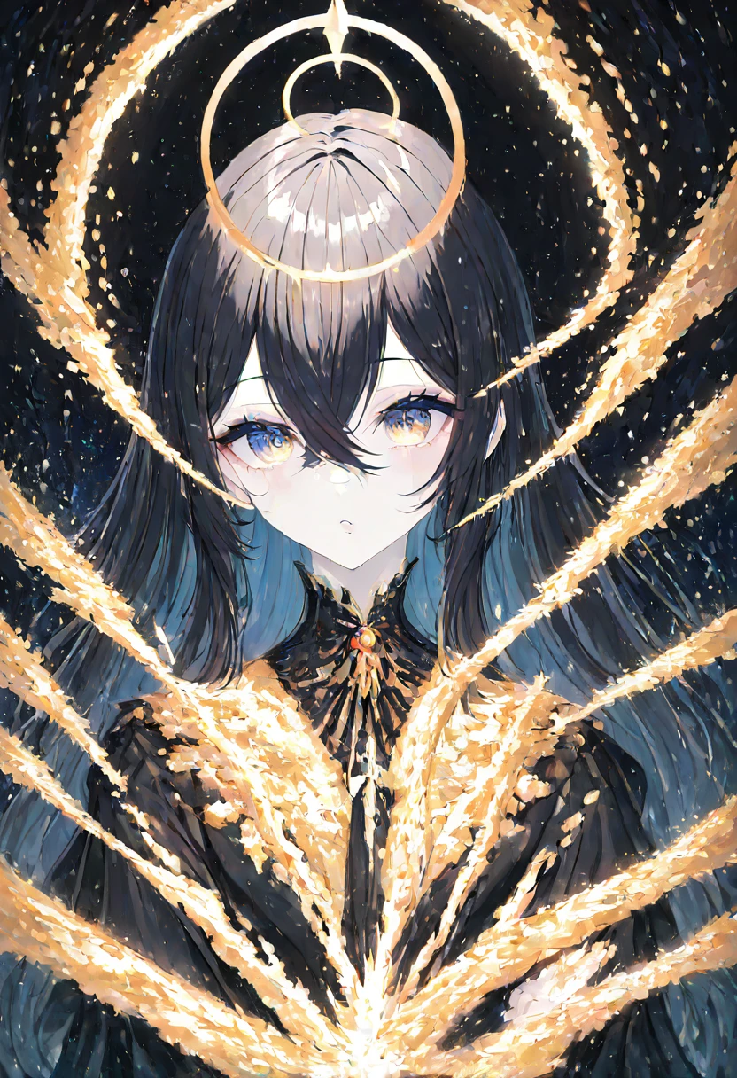 1 girl, black hair, long hair, long black hair, hair between eyes,  moles under the eyes, gold shining eyes, high quality, masterpiece, multilayered composition, sharp details, conceptual art, japanese cartoon movies, (gothic art), best quality, high detail, golden particles around, ethereal atmosphere with golden light, white skin, fancy, cinematic, intricate details, shiny skin, shiny hair, detailed eye, black clothes, golden sparks around, gold halo behind, (light particles and shimmering gold sparks forming halo silhouette around her)