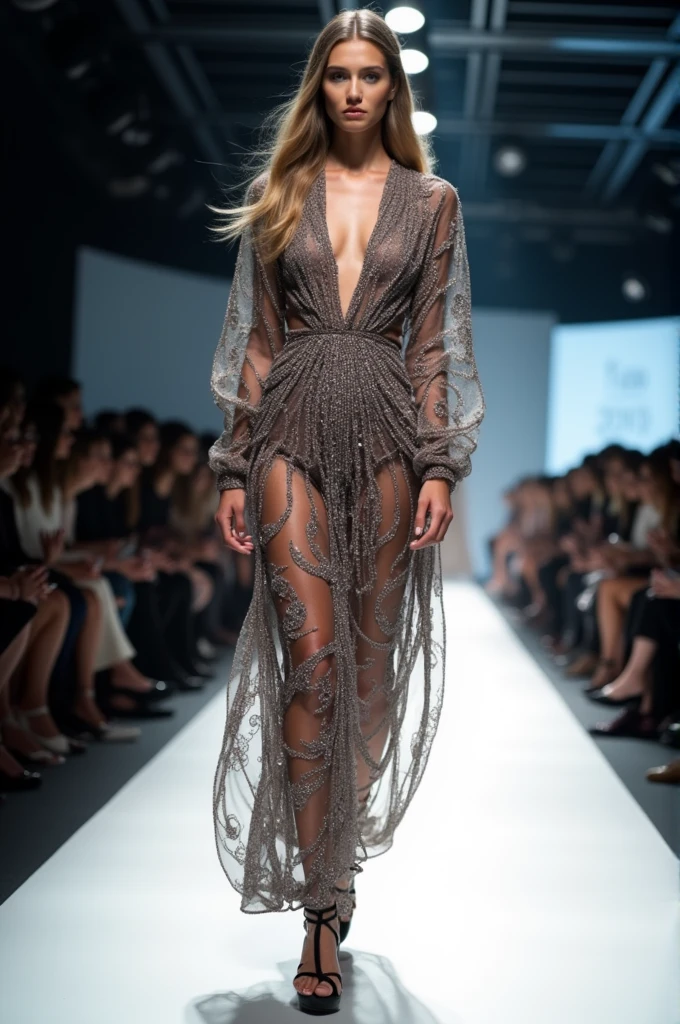 Masterpiece, (((accurate female anatomy, perfect eyes, long ginger hair, full body shot, wearing a full body long dress, doing the cat walk at a fashion show)) soft lighting, colors, very detailed, dramatic lighting, digital art trending on Artstation 8k HD high definition detailed realistic, detailed, skin texture, hyper detailed, realistic skin texture, armature, best quality, ultra high res, (photorealistic:1.4), high resolution, detailed, raw photo, sharp re, nikon d850 film stock photograph 4 kodak portra 400 camera f1.6 lens rich colors hyper realistic lifelike texture dramatic lighting unrealengine trending on artstation cinestill 800, (((500px, fstoppers, photosight.ru, metart, iso noise)))