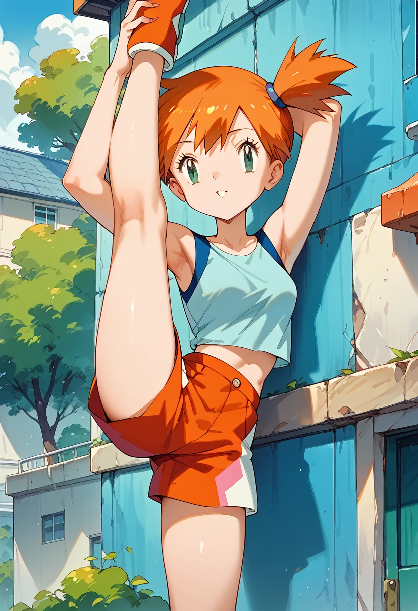 masterpiece,High resolution,Highest quality,8k
(Misty_Pokemon)
(short hair,Orange Hair,one side up hair,Big green eyes,Small breasts,Skinny)
(standing_split,one leg split,One leg above the head)