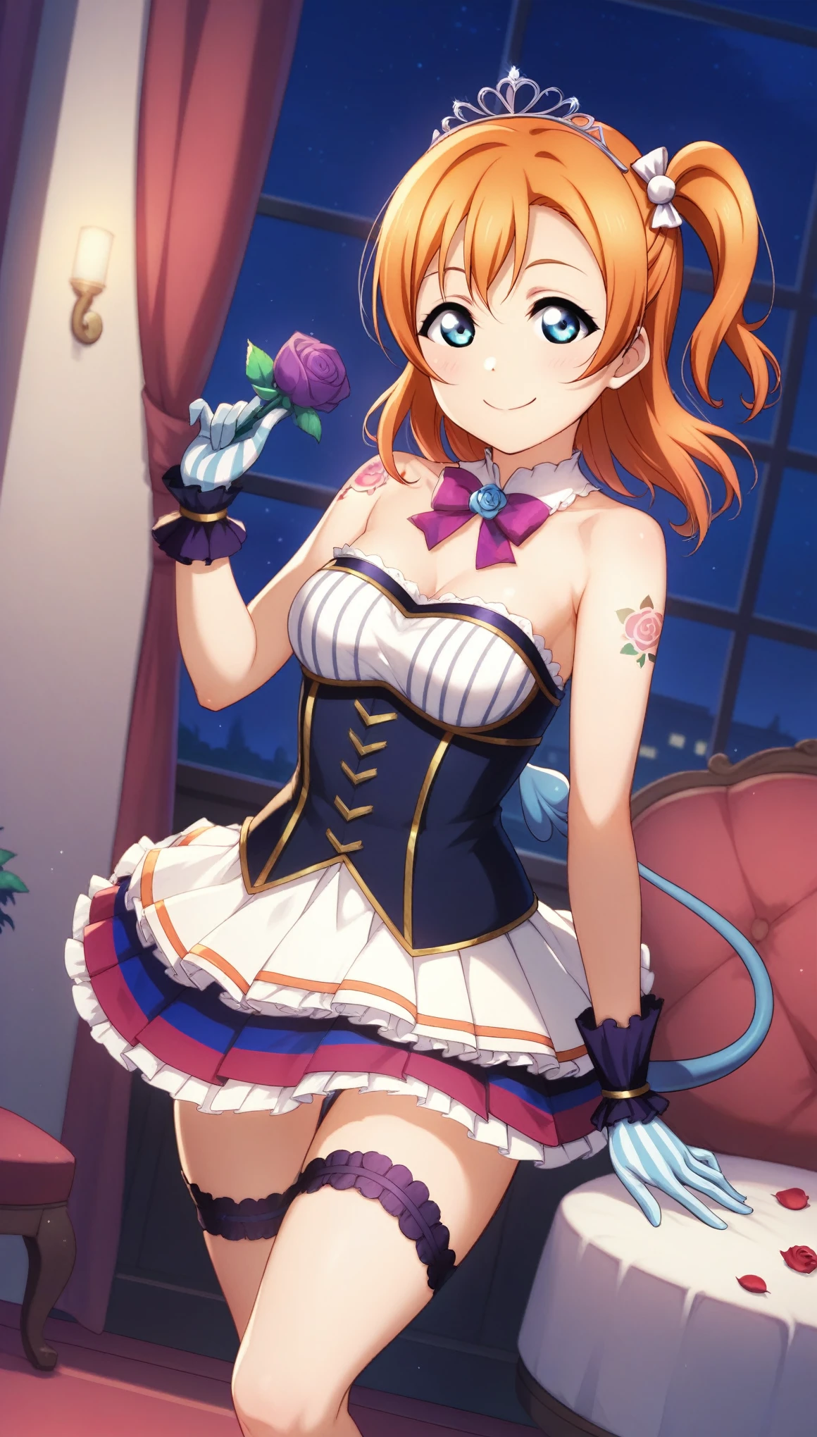 Kousaka honoka love live,blue eyes ,orange hair ,pleated skirt ,side ponytail ,purple rose ,ribbon ,rose ,shoulder tattoo ,standing ,skirt ,sleeveless dress ,smile ,solo ,strapless dress ,striped clothes ,striped gloves ,tail ,thigh strap ,tiara ,vertical-striped clothes ,vertical-striped gloves ,indoors ,demon girl,medium breasts ,night