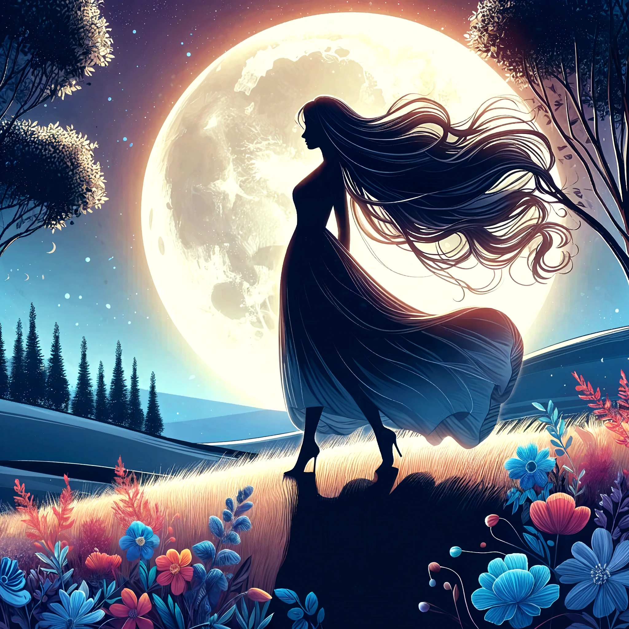 Black and white colour silhouette art,Girl silhouette texture clear,graceful gesture,soft curves,dance,flowing hair,themoon,dazzling stars。(psychedelic style background),Ethereal,distortion,whimsical,(charming garden),mysterious atmosphere,romantic。delicate lines,subtle texture,contrasting shapes,artistic composition,Surreal,dramatic lighting,hidden meaning,grace,emotional depth,evoke a feeling of mystery and wonder,Thought provokinemorable,otherworldly,change,inspiring,poetry,unique visual story。