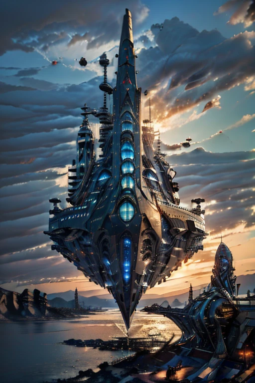 battle spaceship shaped like a ship hovering over a large lake, ultra detalhada, city in the distance, a nebula lighting up the sky, sci-fi