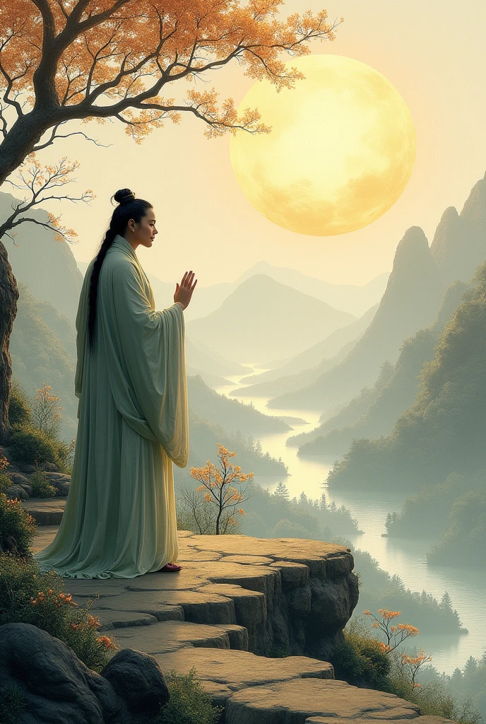 best quality, masterpiece, (Slender Buddha statue)、(Profile of a Buddha statue)、(from side)、Wear a robe、(Sumi-e style:1.5)、(Beautiful high mountains々Inside)、(Night Sky)、(Starry Sky:1.5)、(The sky above is deep blue darkness)、(The sky is dark)、(Pale white light)、(Crescent Moon)、(Thin clouds illuminated by the moonlight)