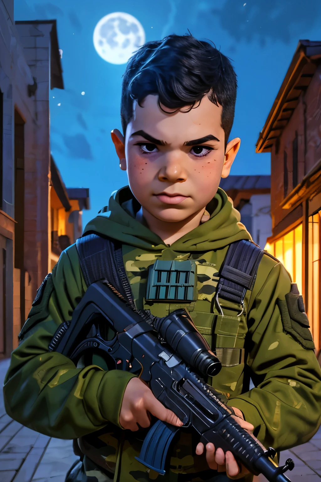 Close-up face, Thoe, (((a young boy, ***))), Marvel Comic Panel Drawing: A boy with black eyes, in Dynamic pose, short black hair , over The building under The moonlight, wearing a soldier Call of duty suit, camouflage, in dystopic war city background, holding a AK-47, flames and explosion Background . 