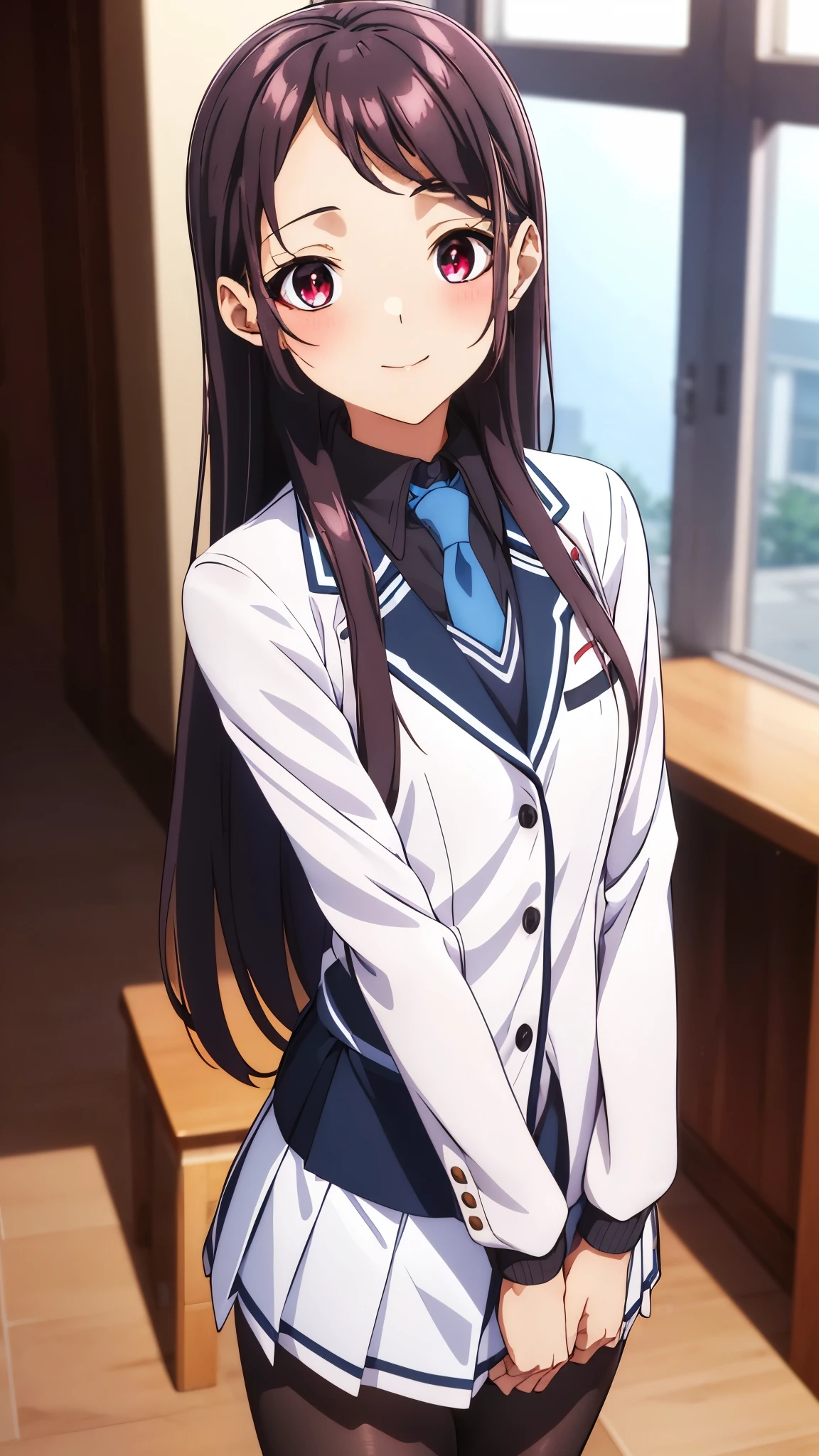 Show your armpits,Kaori Hojo, girl, (masterpiece: 1.1), (highest quality: 1.1), red eyes, long hair, cute smile, blush, ((school uniform), jacket, sleeve, tie, white skirt), pantyhose, loafers, school room, ((Swayback stance:1.2)), (cinematic angle:1.3, upper body), gravure,