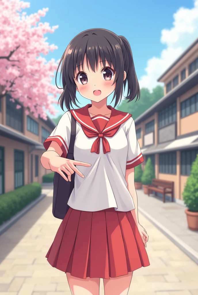 Cute, , shy, wearing school uniform, skirt is blown by the wind, girl holding the skirt down, embarrassed expression, panties almost shown