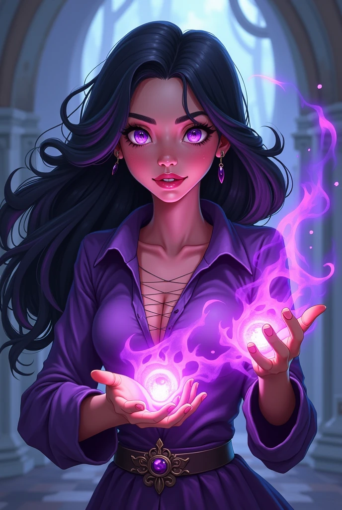 An image of a woman with long black hair, eyes with purple irises shining, with purple powers glowing in their hands in 2d cartoon