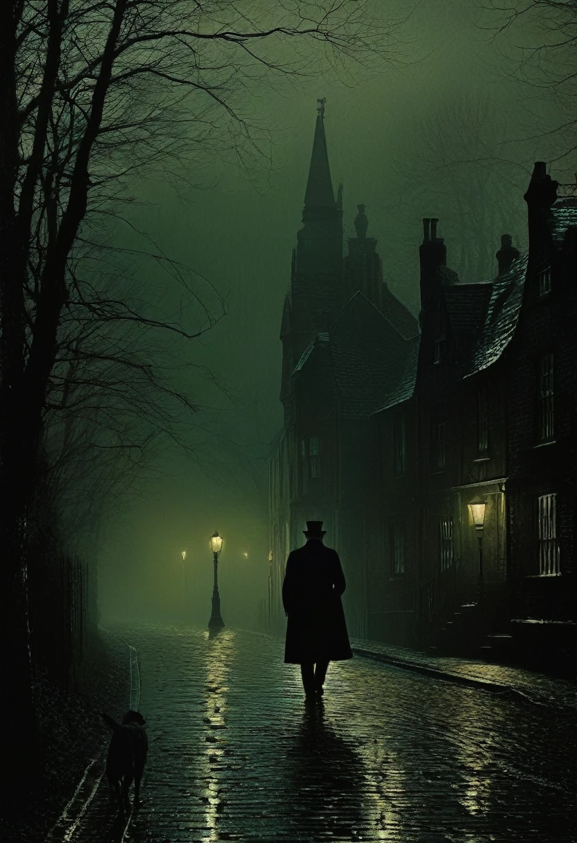 Hound of the Baskervilles. styles of John Atkinson Grimshaw - with a disturbing and grotesque world. The muted color palette and dry brush technique create a sense of calm. creepypasta (dark monochrome background) masterpiece, fabulous background) (Minimalism: 1). perfect body anatomy.
