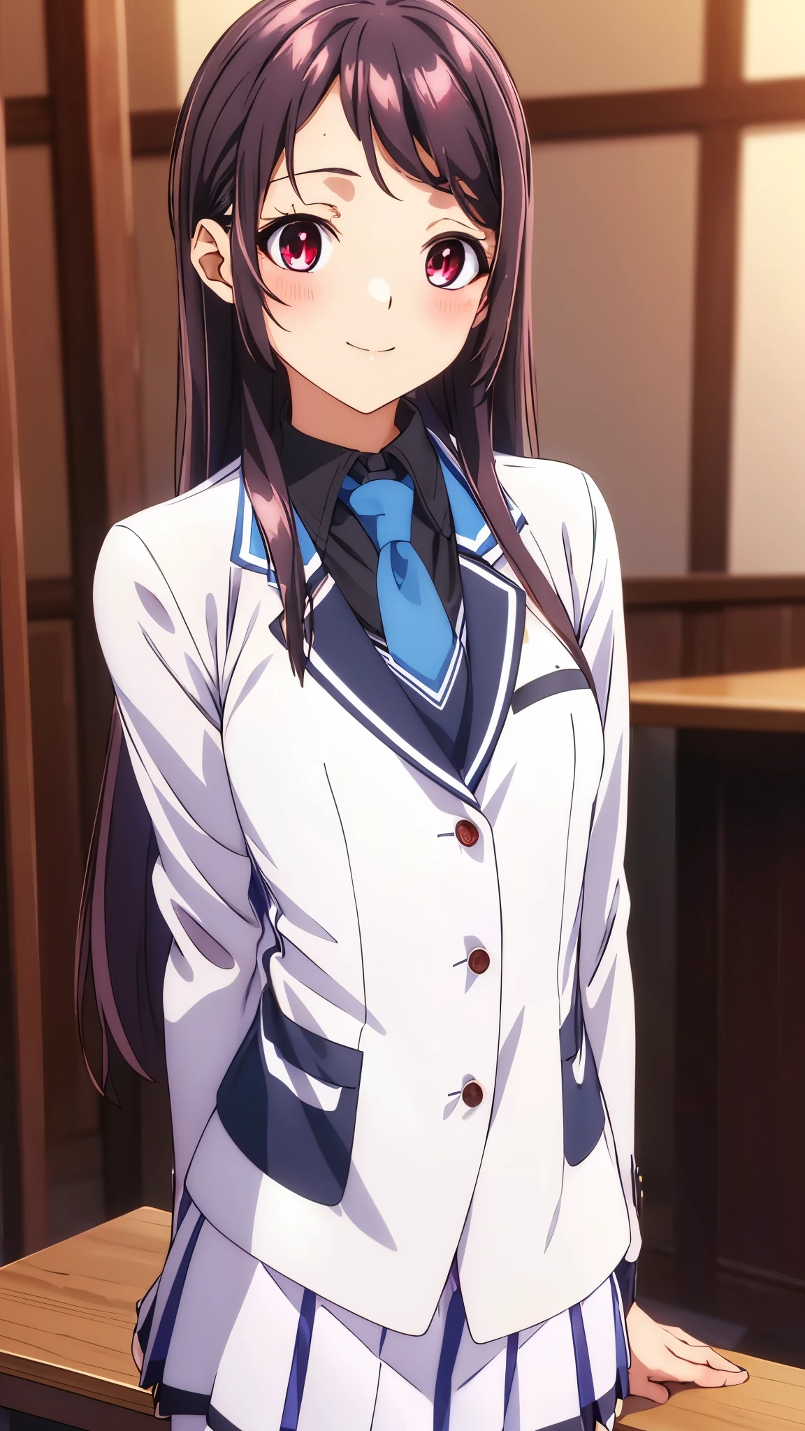 Show your armpits,Kaori Hojo, girl, (masterpiece: 1.1), (highest quality: 1.1), red eyes, long hair, cute smile, blush, ((school uniform), jacket, sleeve, tie, white skirt), pantyhose, loafers, school room, ((Swayback stance:1.2)), (cinematic angle:1.3, upper body), gravure,