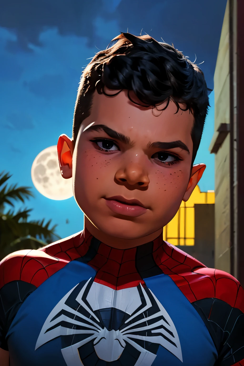 Close-up face, Thoe, (((a young boy, ***))), Marvel Comic Panel Drawing: A boy with black eyes, in Dynamic pose, short black hair , over The building under The moonlight, wearing a spider-man suit, Full moon background, spider-web. Highly detailed, detailed face, intricate, vivid colors. 