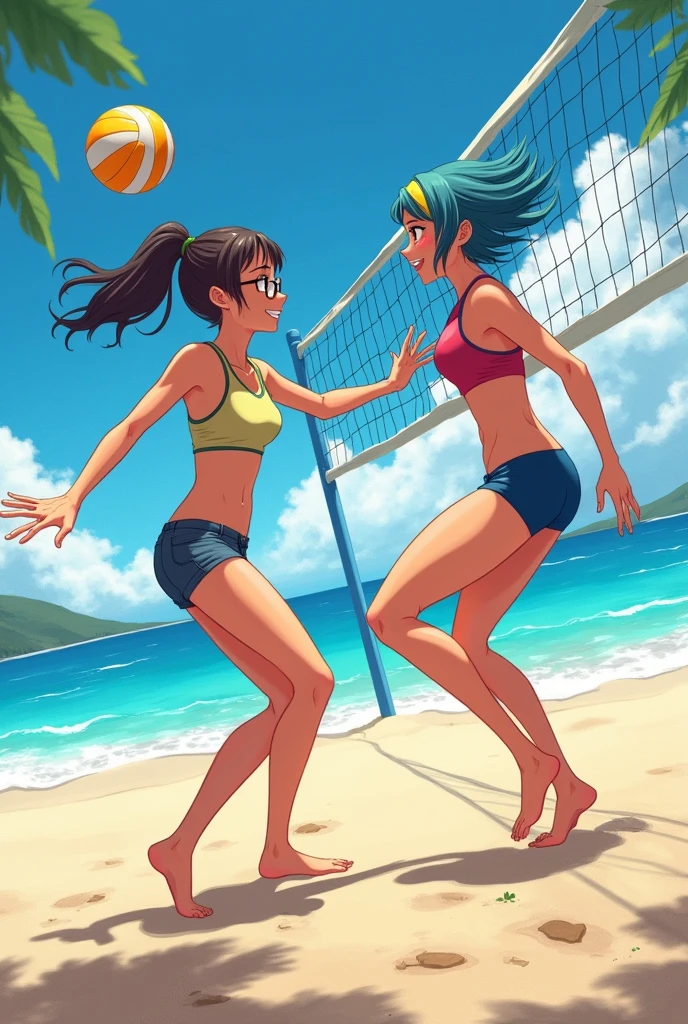 Manga women playing beach volleyball