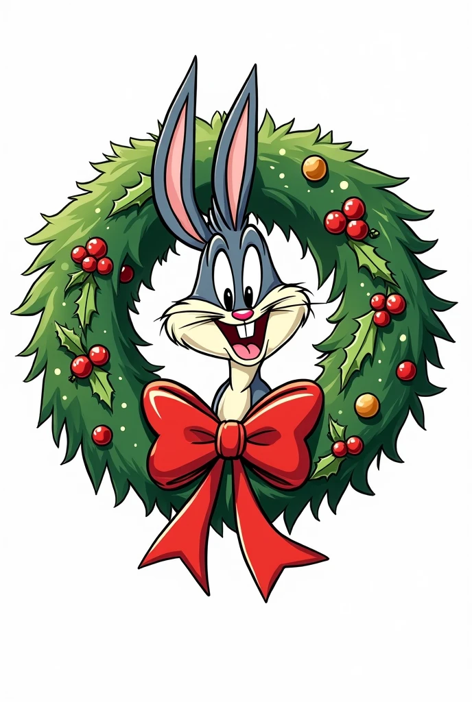 In a cartoon style, similar to Looney Tunes, haz una Christmas Wreath, to black and white 