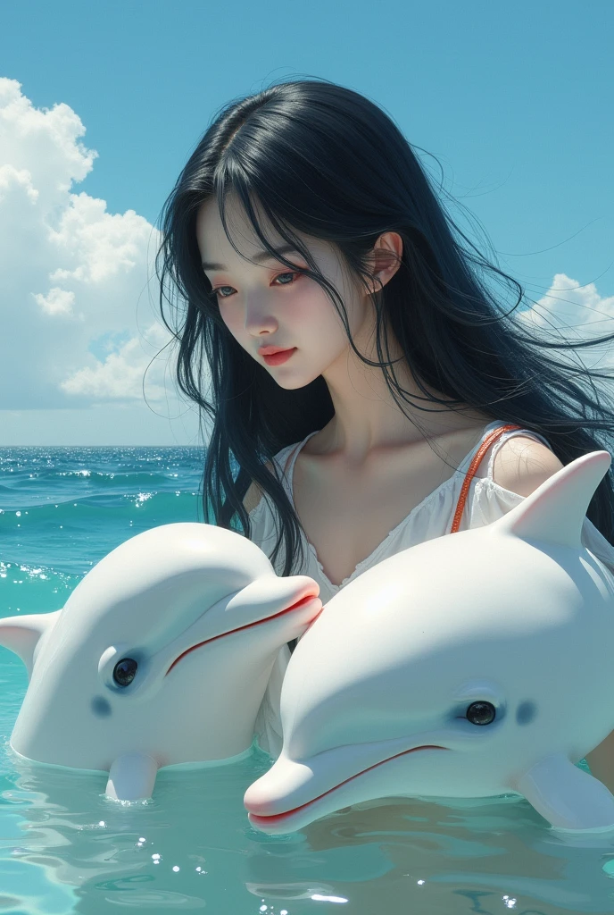 (Best Quality, Masterpiece: 1.4), (Realism: 1.2), (Realism: 1.2), (Absurdity: 1.2), 4K, Detailed, Ultra Detailed, Detailed Face, (Ultra Detailed Eyes: 1.2), Underwater, Beauty, One-piece Swimsuit, Bareback, High Split End, Long White Legs, Floating, Long Black Hair, Rabbit Ears, Rabbit Tail, School of Fish, Breaststroke