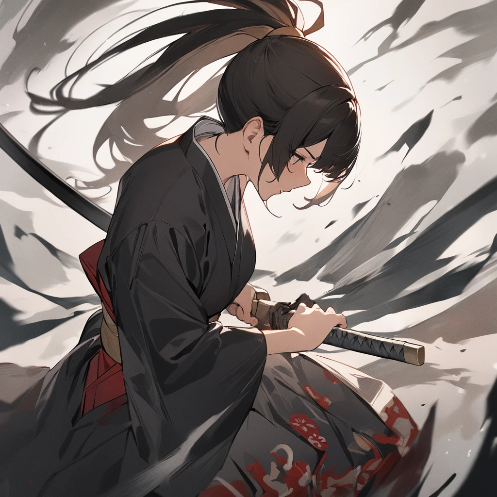 Best quality, masterpiece, high resolution, ink painting, female samurai, black hair, ponytail, holding a sword, screen-cutting effect, screen-crackling effect
