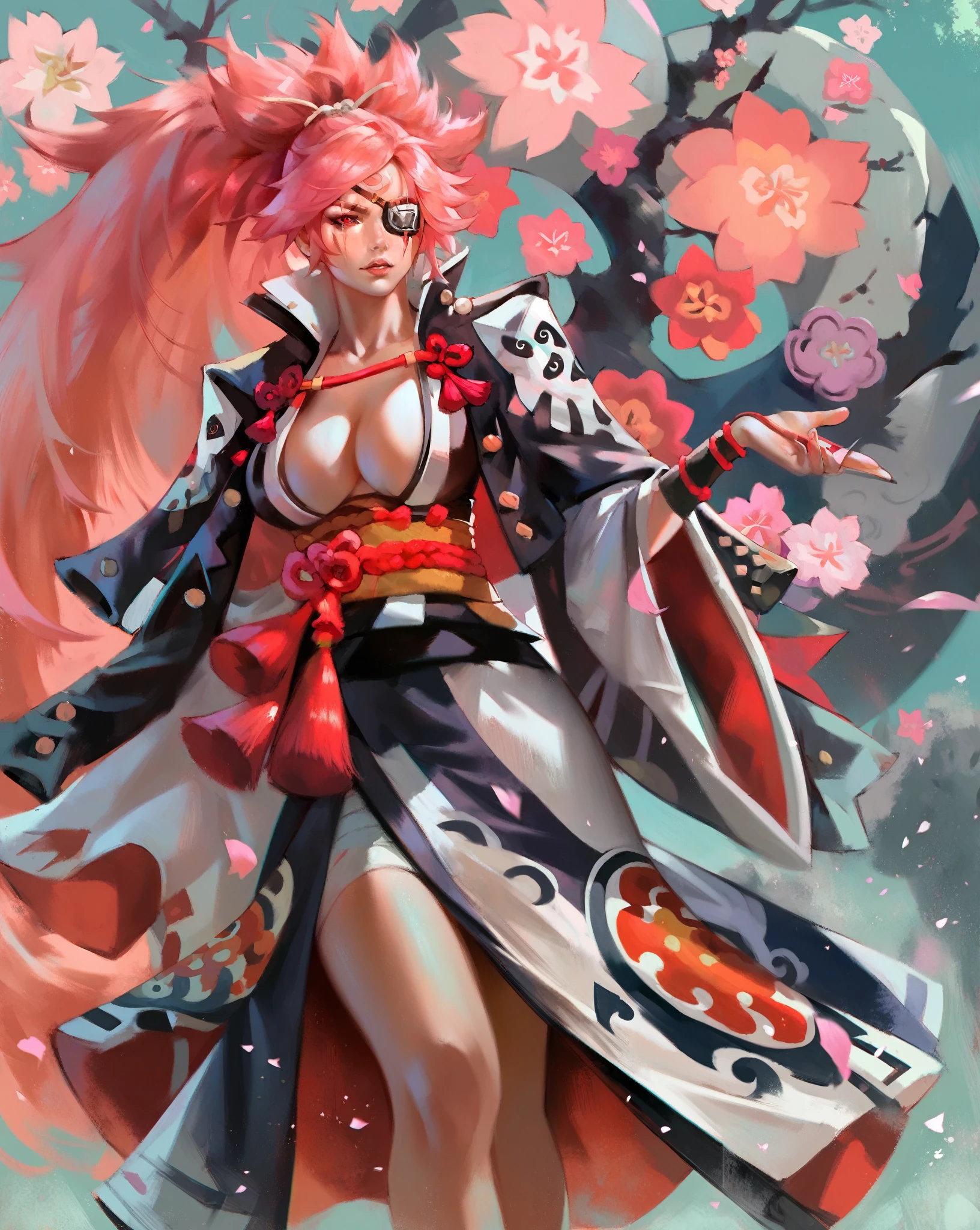 BaikenGGXL, scar on eye, scar across eye, eyepatch, red eye, pink hair, long ponytail, big breasts, (right arm amputee), cleavage, kimono, multicolored kimono