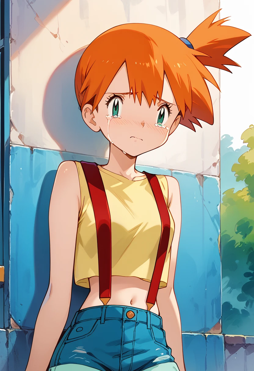 masterpiece,High resolution,Highest quality,8k
(Misty_Pokemon)
(1 female)
(short hair,Orange Hair,one side up hair,Big green eyes,Small breasts,Skinny)
(Yellow sleeveless T-shirt,Belly button exposed,Denim hot pants,Red suspenders)Crying,Sad face