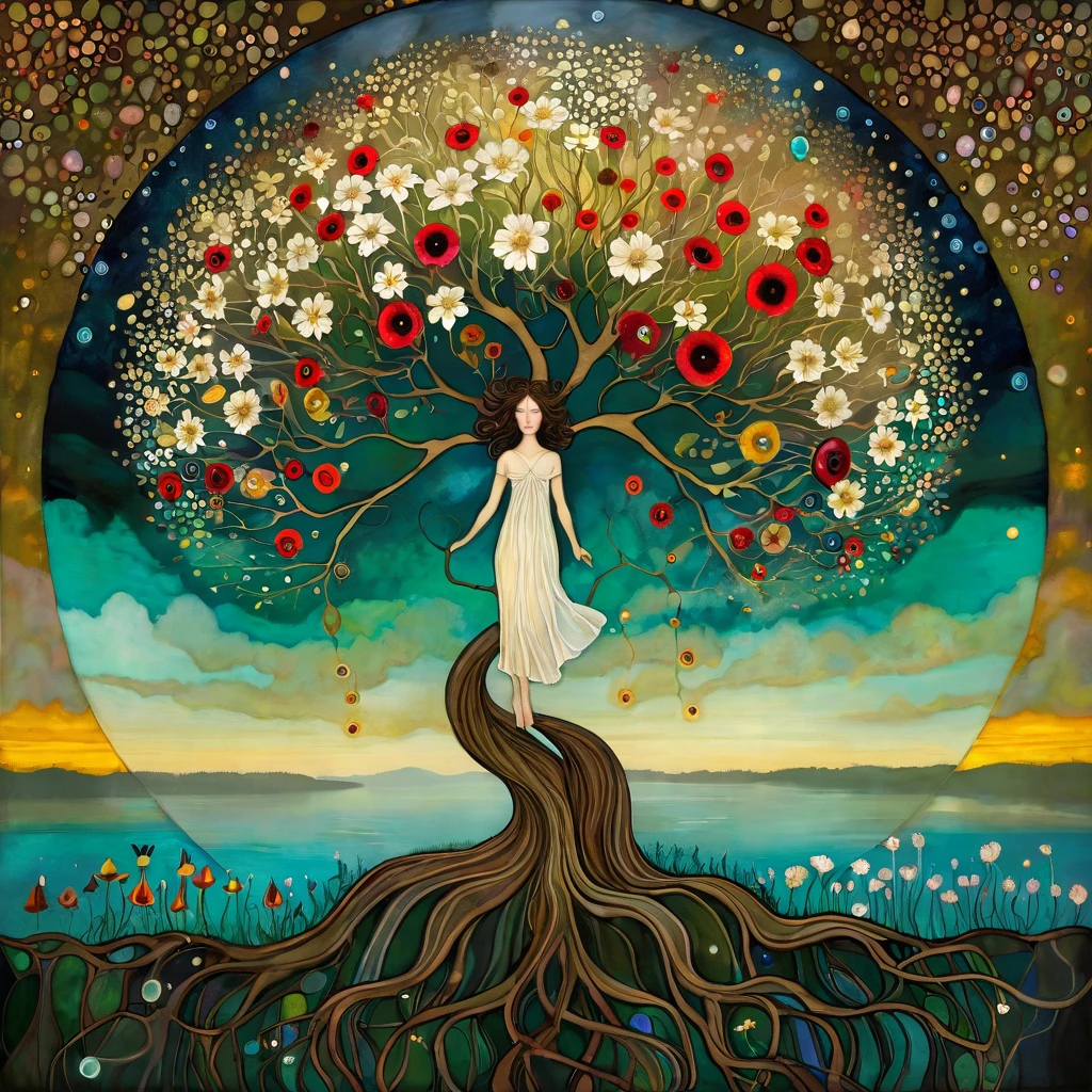 oil and acrylic painting In the Style of Andy Kehoe and Tracy Grimwood, Catrin Welz-Stein, Klimt.. yggdrasill tree, large roots like blown glass tubes sinking into the ground, stained glass branches rising high into the sky, naked woman with dark blond hair, waved by the wind, dress made of flowers and leaves .  the world above, the world below. Three-quarter view of a lake with mustard-colored, emerald waters. Blooming dandelion flowers, poppies, marsh flowers, orchid blossoms. Disc-shaped sun of polychrome gemstones. Warm colors, and cold colors skillfully blended.
