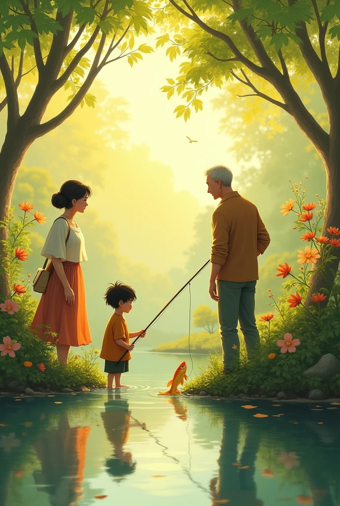 A couple plus two male children fishing in a river